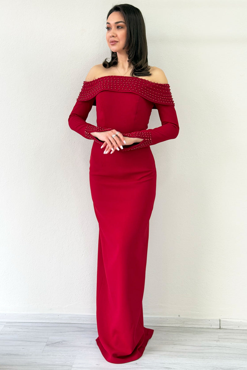 Red Madonna Collar Beaded Long Sleeve Mermaid Evening Dress