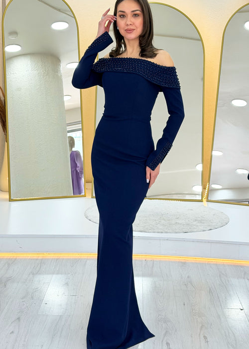 Navy Blue Madonna Collar Beaded Long Sleeve Mermaid Evening Dress