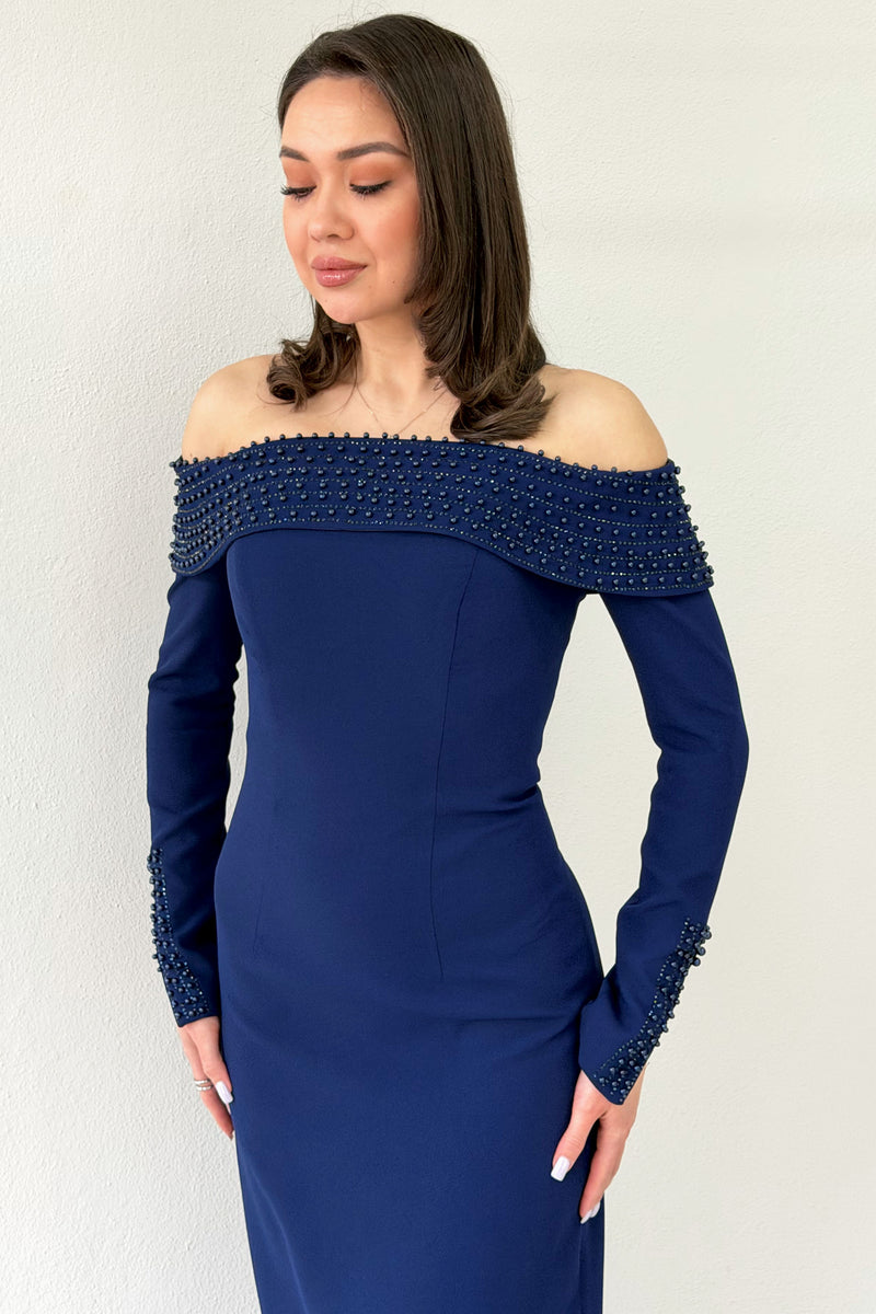 Navy Blue Madonna Collar Beaded Long Sleeve Mermaid Evening Dress