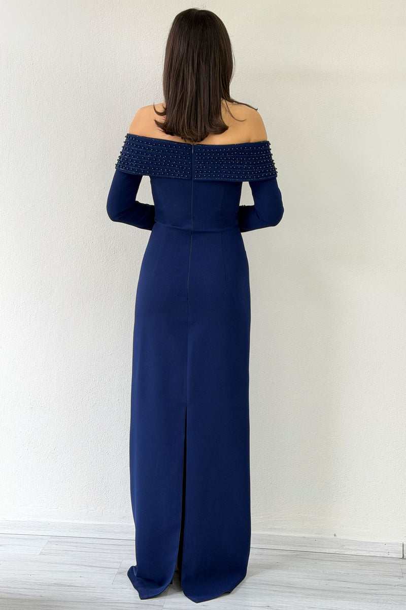 Navy Blue Madonna Collar Beaded Long Sleeve Mermaid Evening Dress