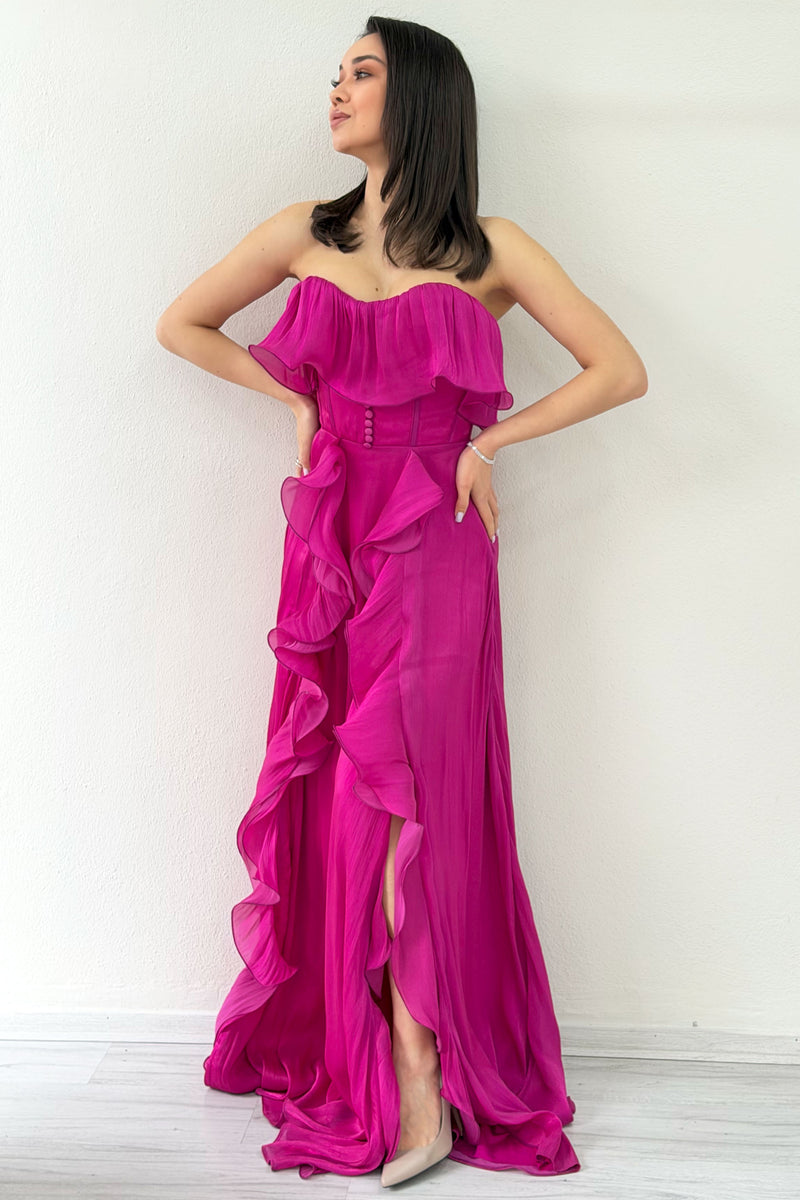 Fuchsia Strapless Double Slit Ruffled Evening Dress