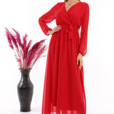 Red Cross-Over Neck Midi Length Chiffon Dress