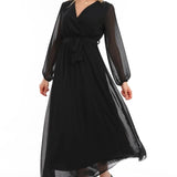 Black Cross-Over Neck Midi Length Chiffon Dress