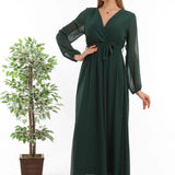 Emerald Green Cross-Over Neck Midi Length Chiffon Dress