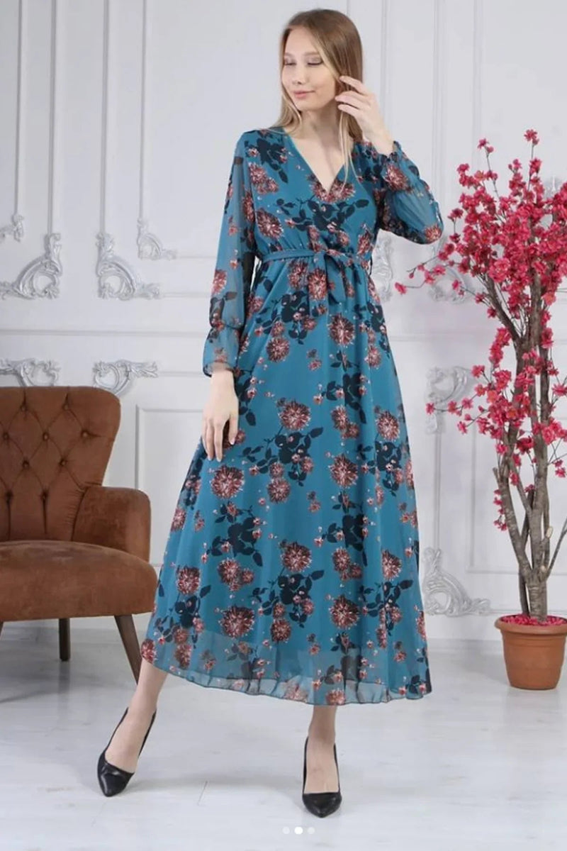 Women's Petrol Blue Wrap Neck Chiffon Dress