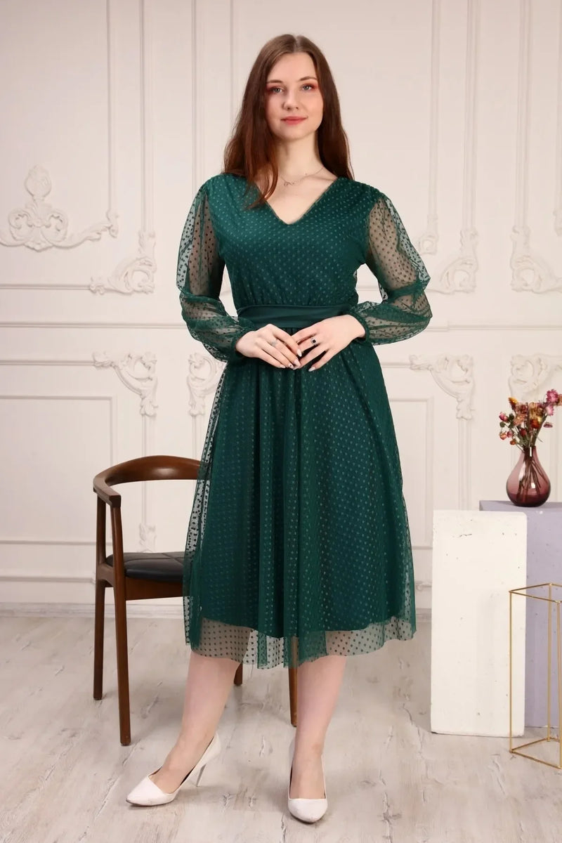 Women's Emerald Green Puantiyeli Belted Tütü Plus Size Dress