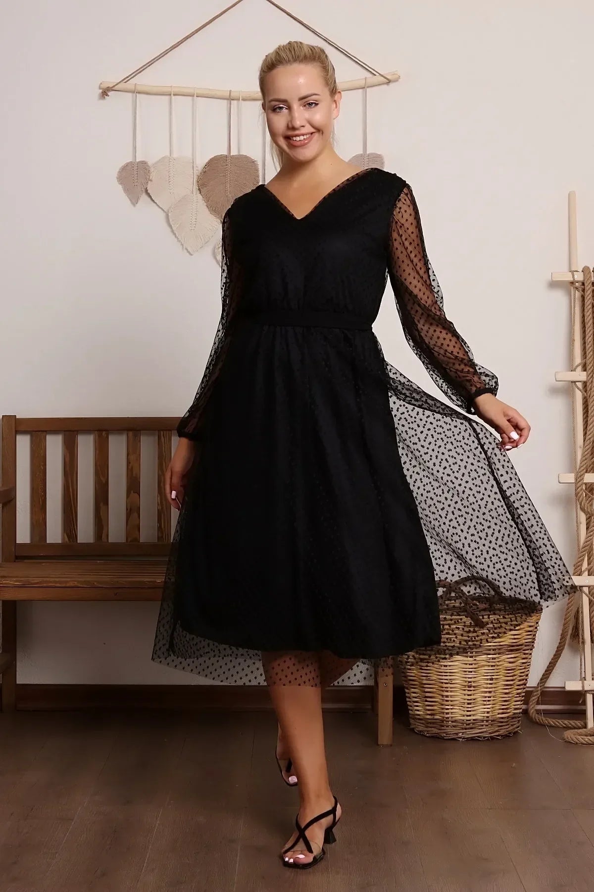 Women's Black Puantiyeli Belted Tütü Plus Size Dress