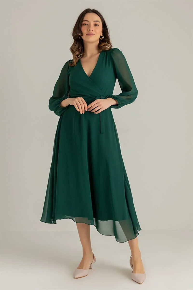 Women's Emerald Green Balloon Sleeve Wrap Midi Chiffon Dress