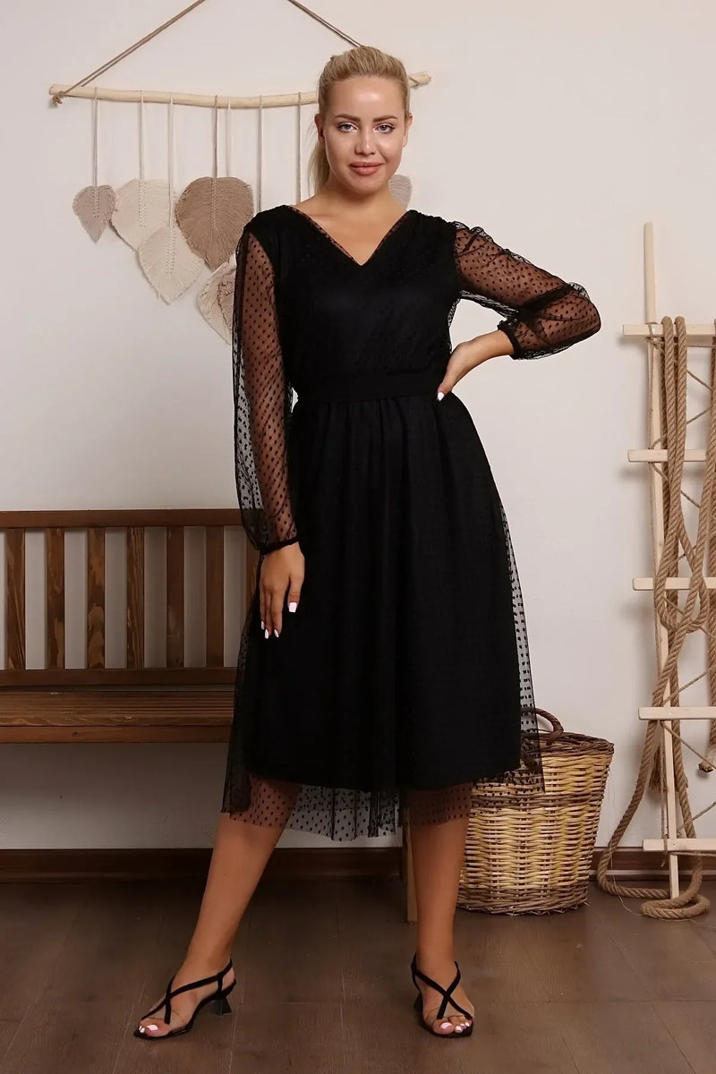 Women's Black Puantiyeli Belted Tütü Plus Size Dress