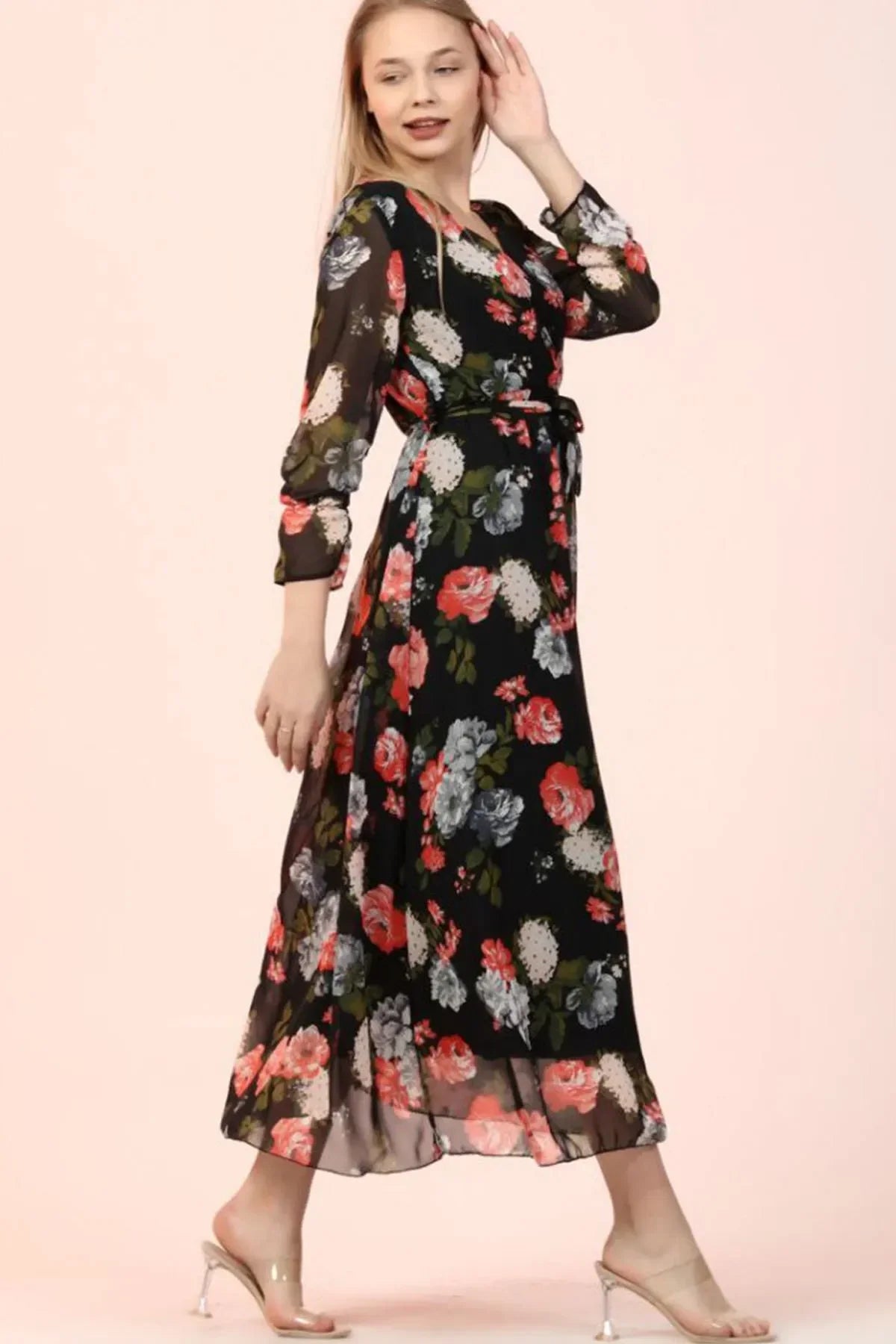 Women's Black Floral Wrap Neck Chiffon Plus Size Dress