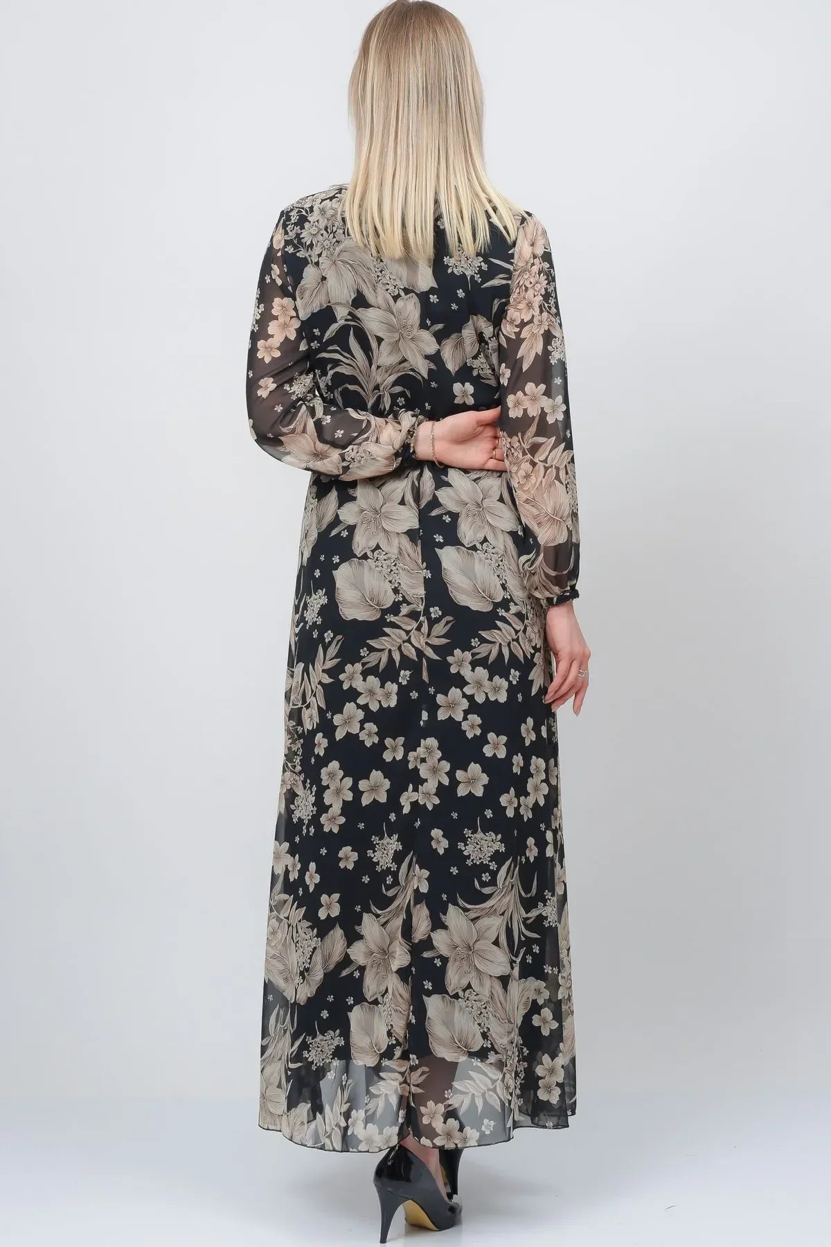 Women's Black Floral Wrap Neck Chiffon Dress