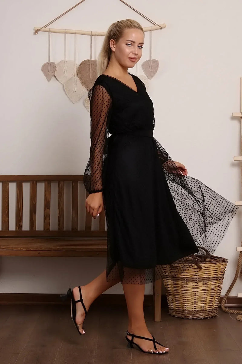 Women's Black Puantiyeli Belted Tütü Plus Size Dress