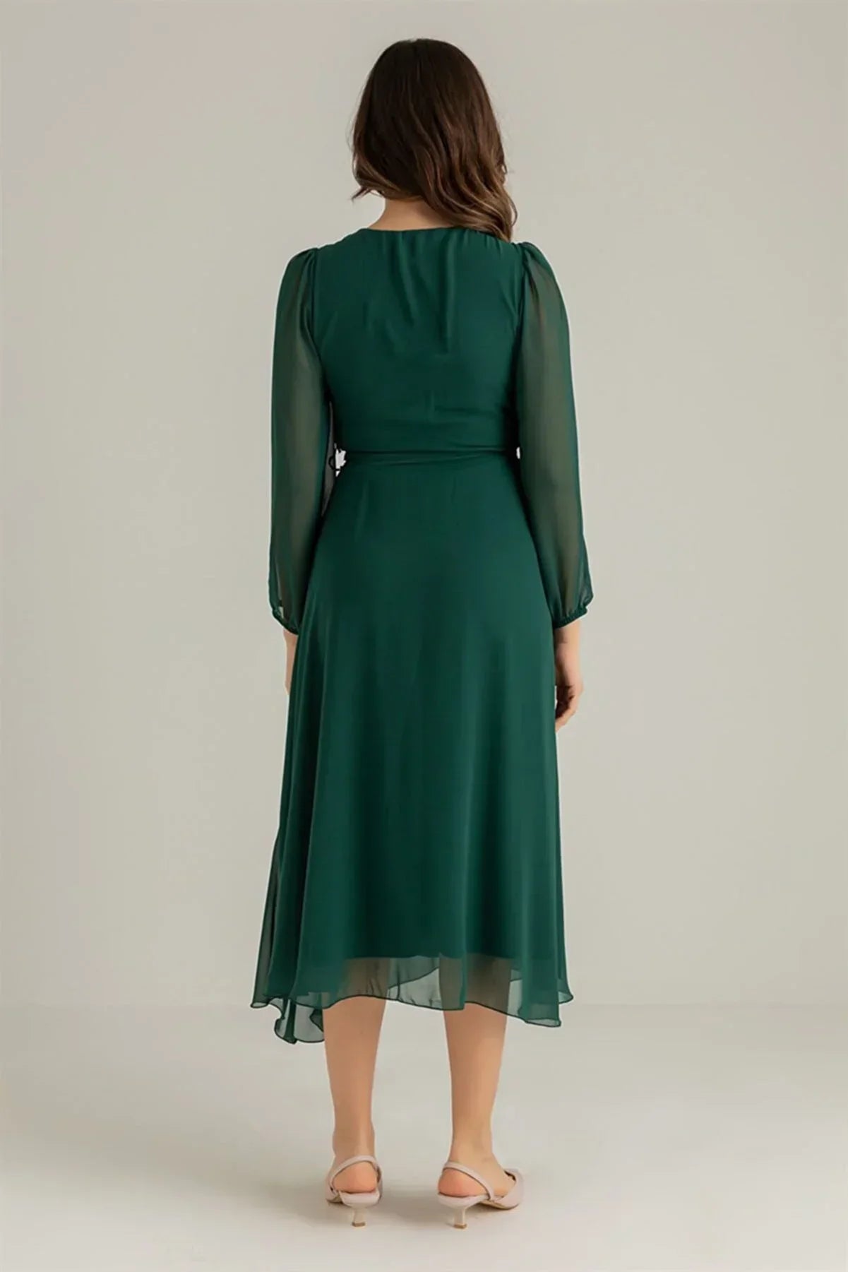 Women's Emerald Green Balloon Sleeve Wrap Midi Chiffon Dress