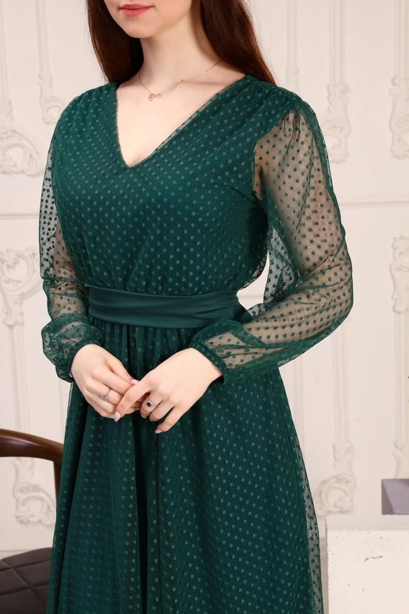 Women's Emerald Green Puantiyeli Belted Tütü Plus Size Dress