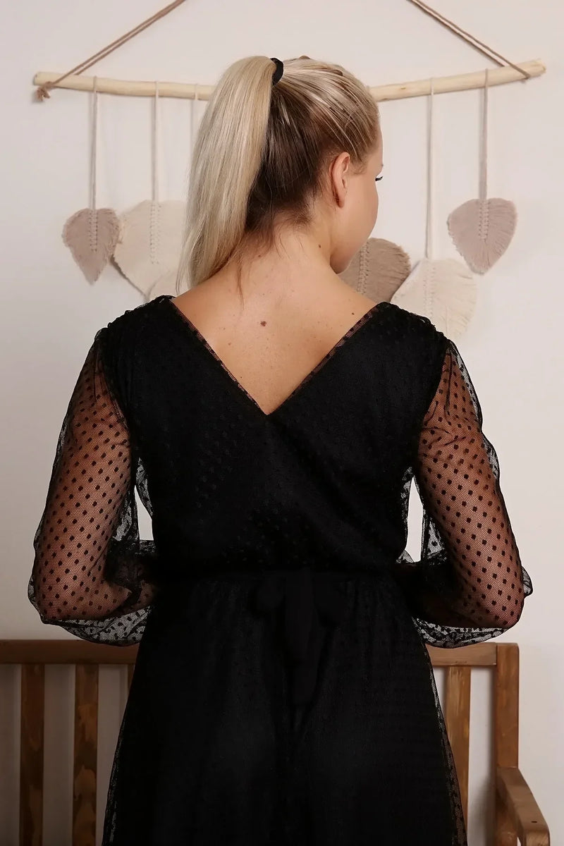 Women's Black Puantiyeli Belted Tütü Plus Size Dress