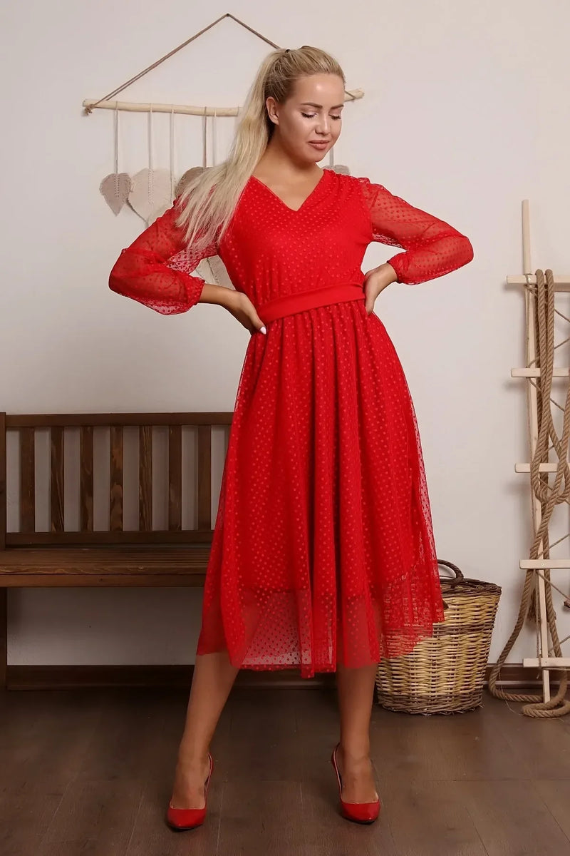 Women's Red Puantiyeli Belted Tütü Plus Size Dress
