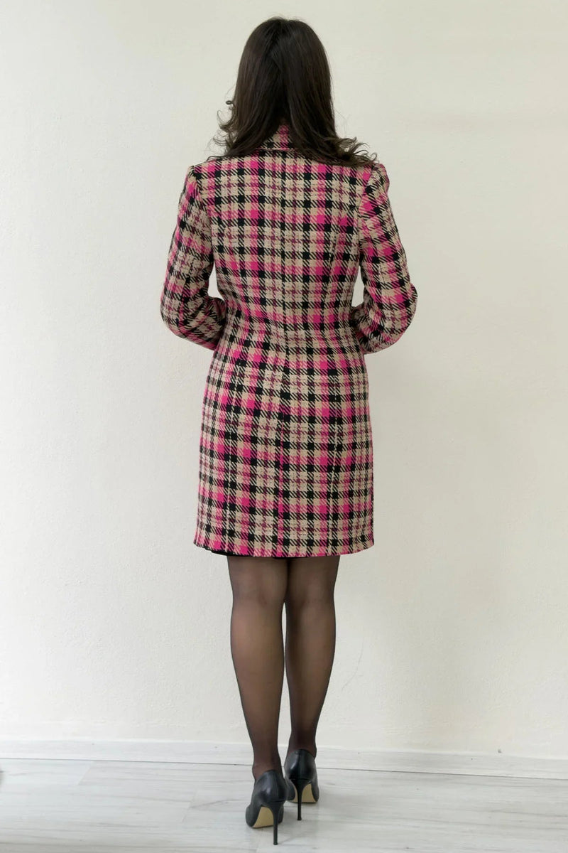 Women's Pink Plaid Buttoned Wrap Wool Blend Coat