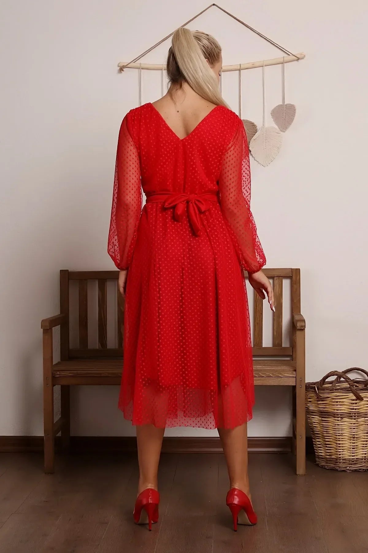 Women's Red Puantiyeli Belted Tütü Plus Size Dress
