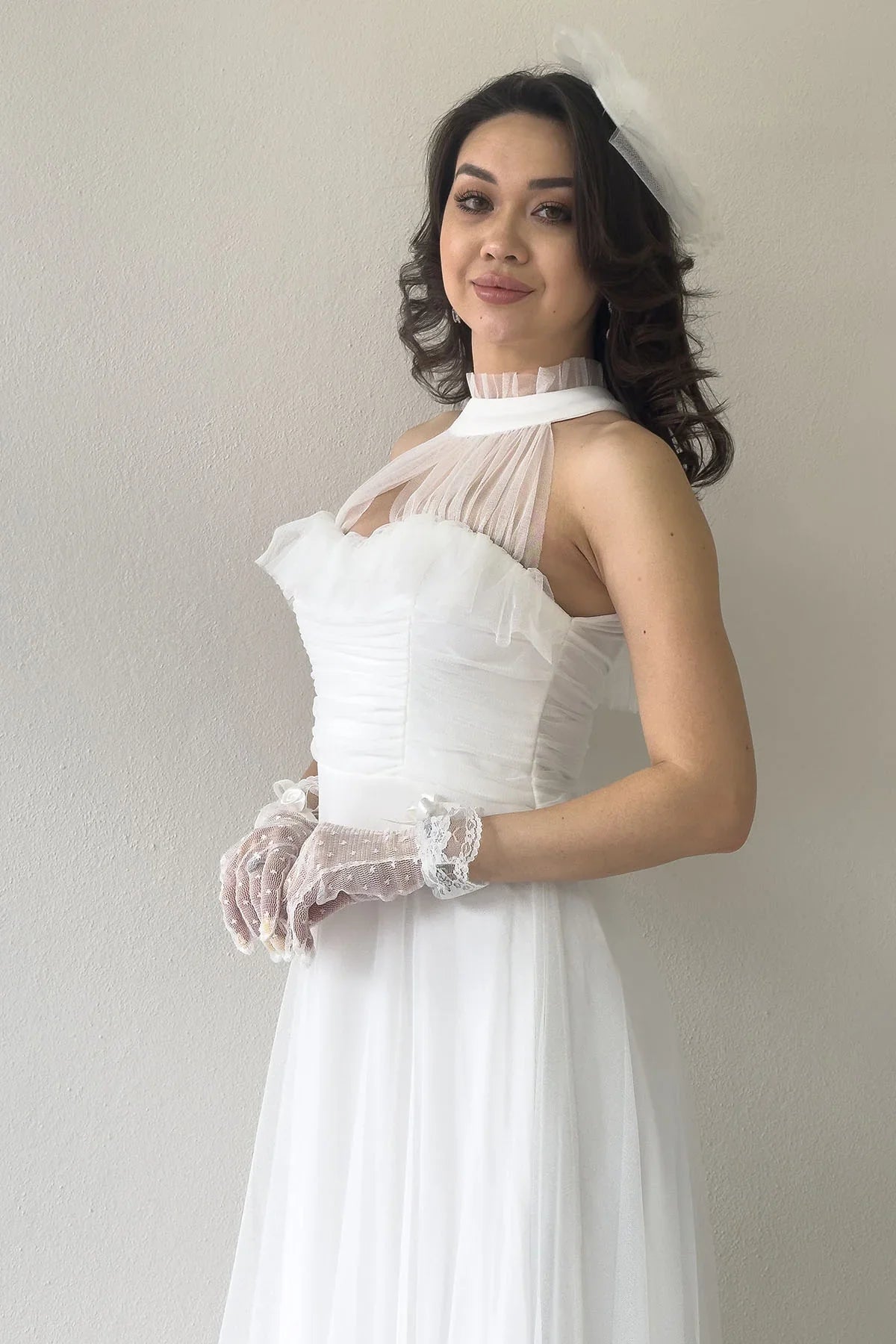 Women's White Draped Sleevesuz Tulle Evening Gown