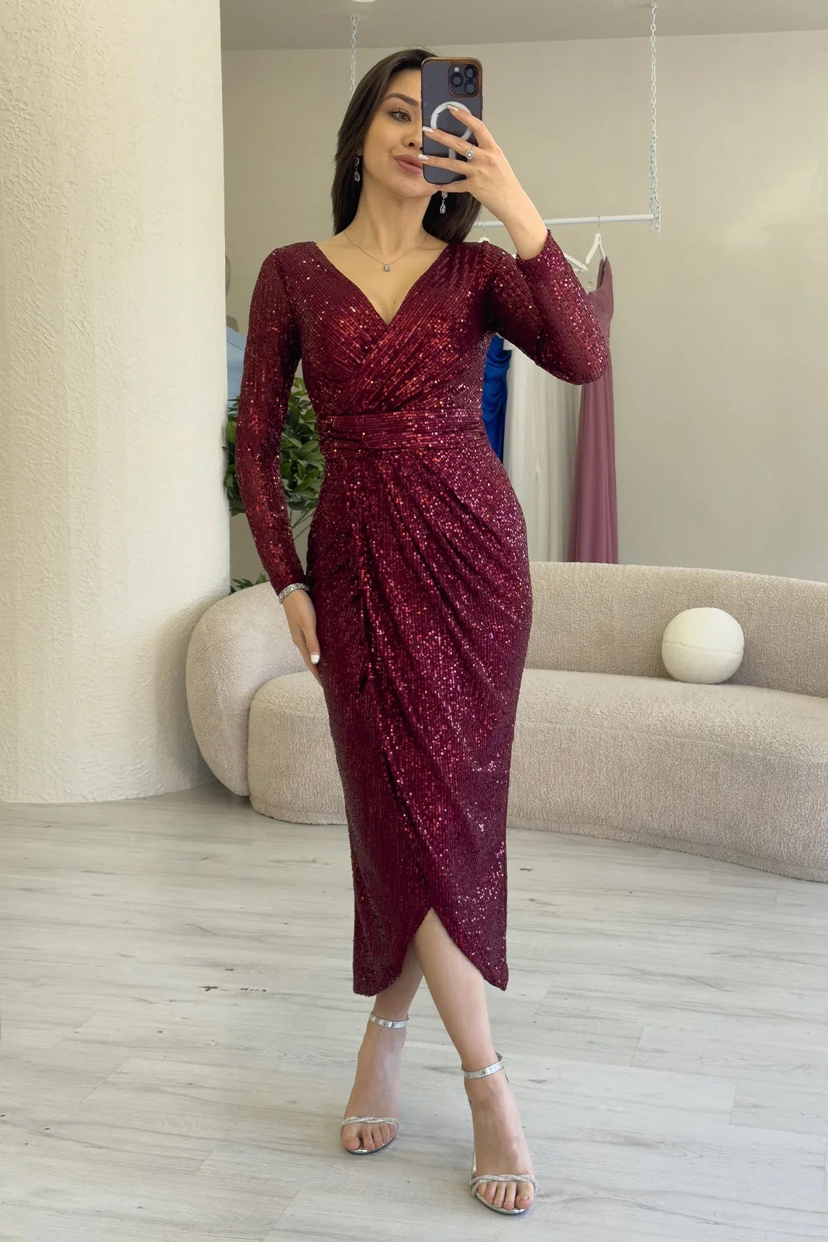 Women's Burgundy Wrap Neck Sequin Tasarım Long Sleevelu Evening Gown
