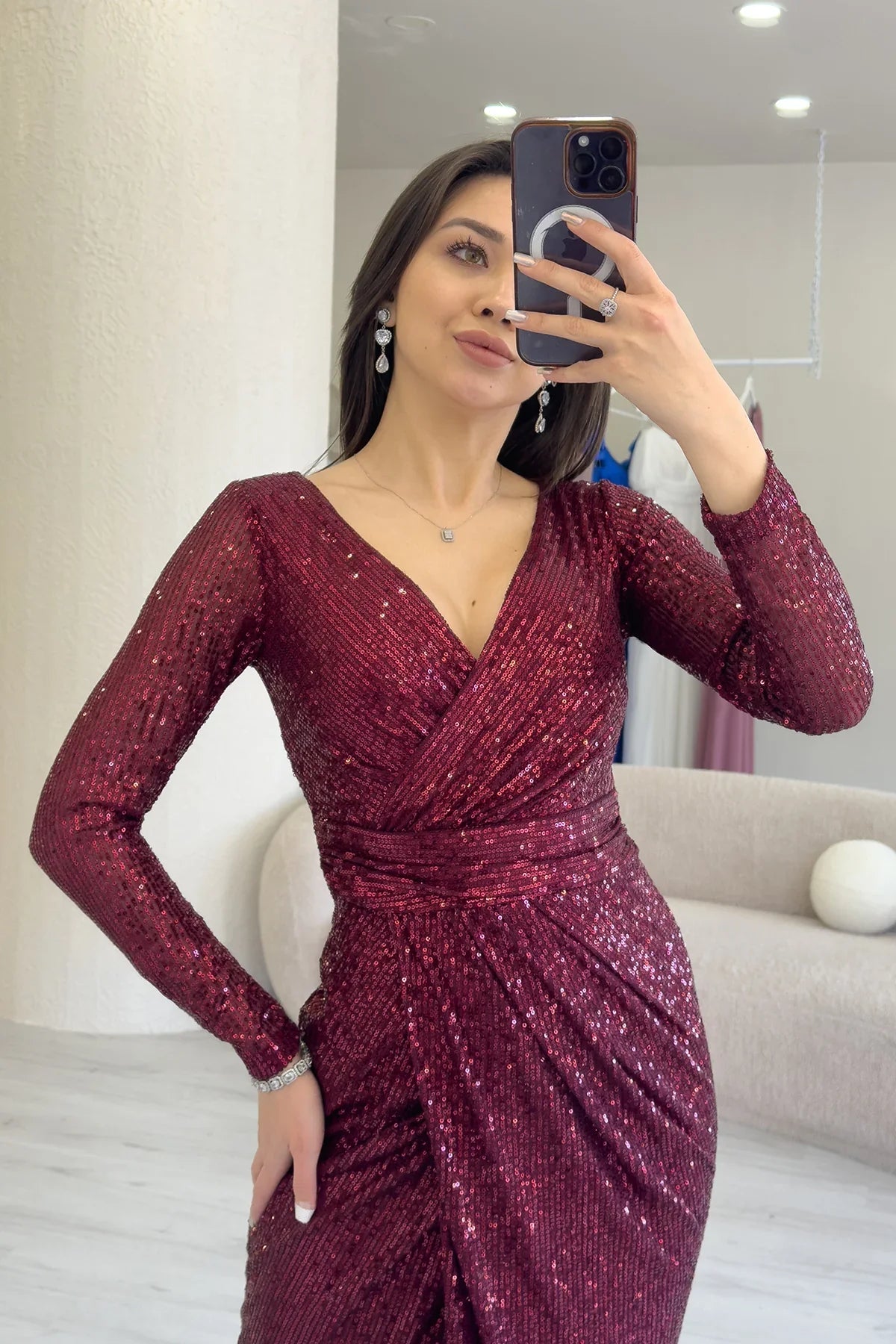 Women's Burgundy Wrap Neck Sequin Tasarım Long Sleevelu Evening Gown