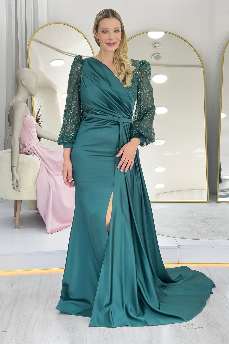 Women's Wrap Neck Emerald Green Draped Glitter Sleeve Satin Evening Gown