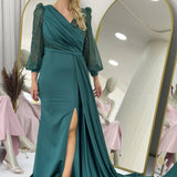 Cross-Over Neck Emerald Green Drapedd Glitter Sleeve Satin Evening Dress