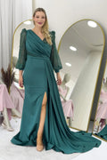 Cross-Over Neck Emerald Green Drapedd Glitter Sleeve Satin Evening Dress