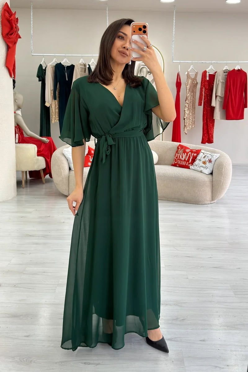 Women's Emerald Green Short Sleeve Chiffon Dress