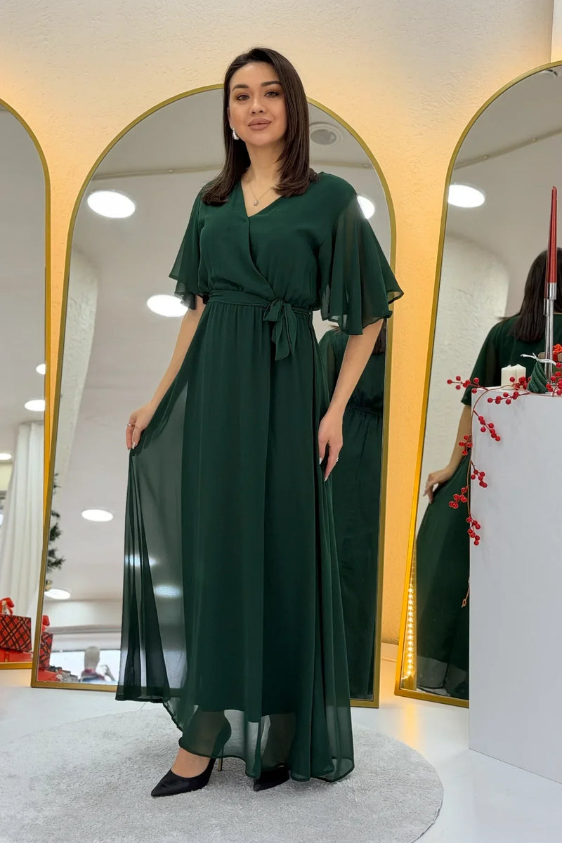 Women's Emerald Green Short Sleeve Chiffon Dress