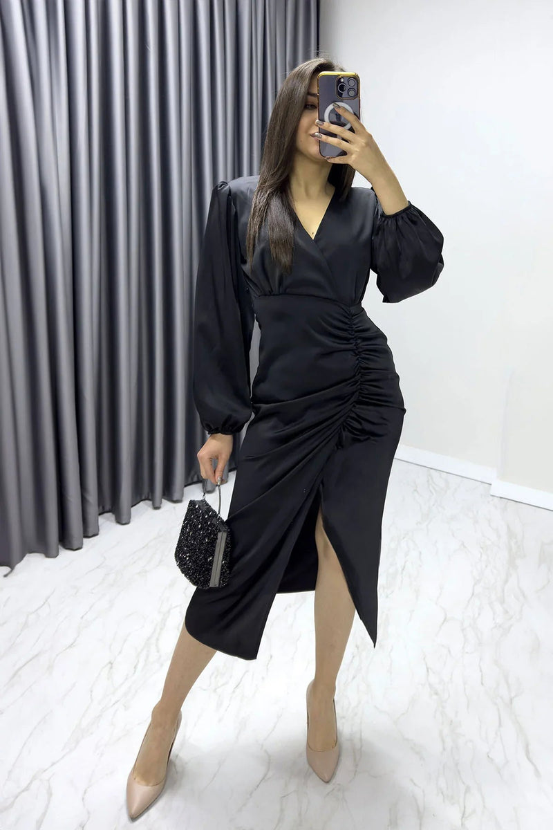 Women's Black Satin Wrap Draped Yırtmaç Detail Balloon Sleeve Plus Size Dress