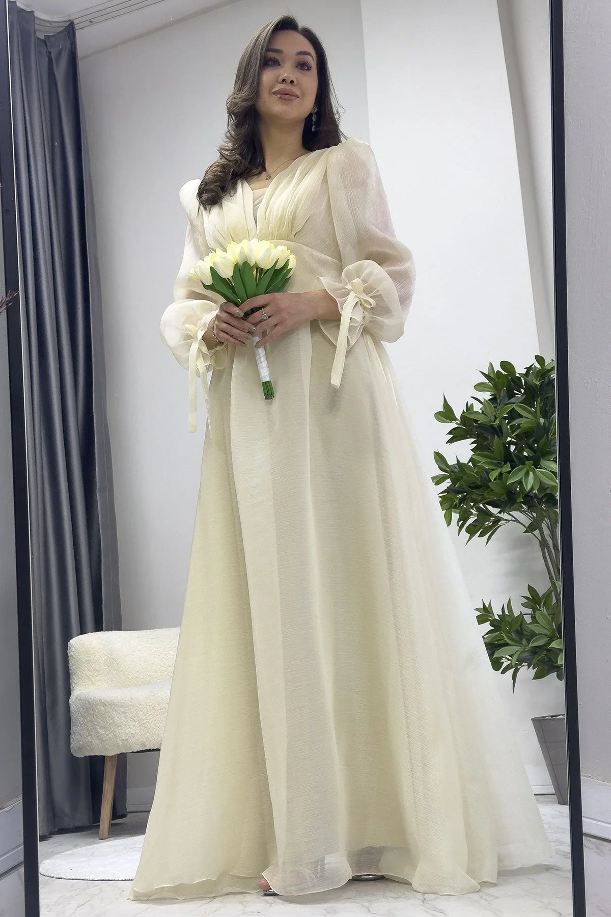 Women's Asymmetric Skirt Krem Karpuz Sleeve Prenses V-Neck Evening Gown - the ZKS