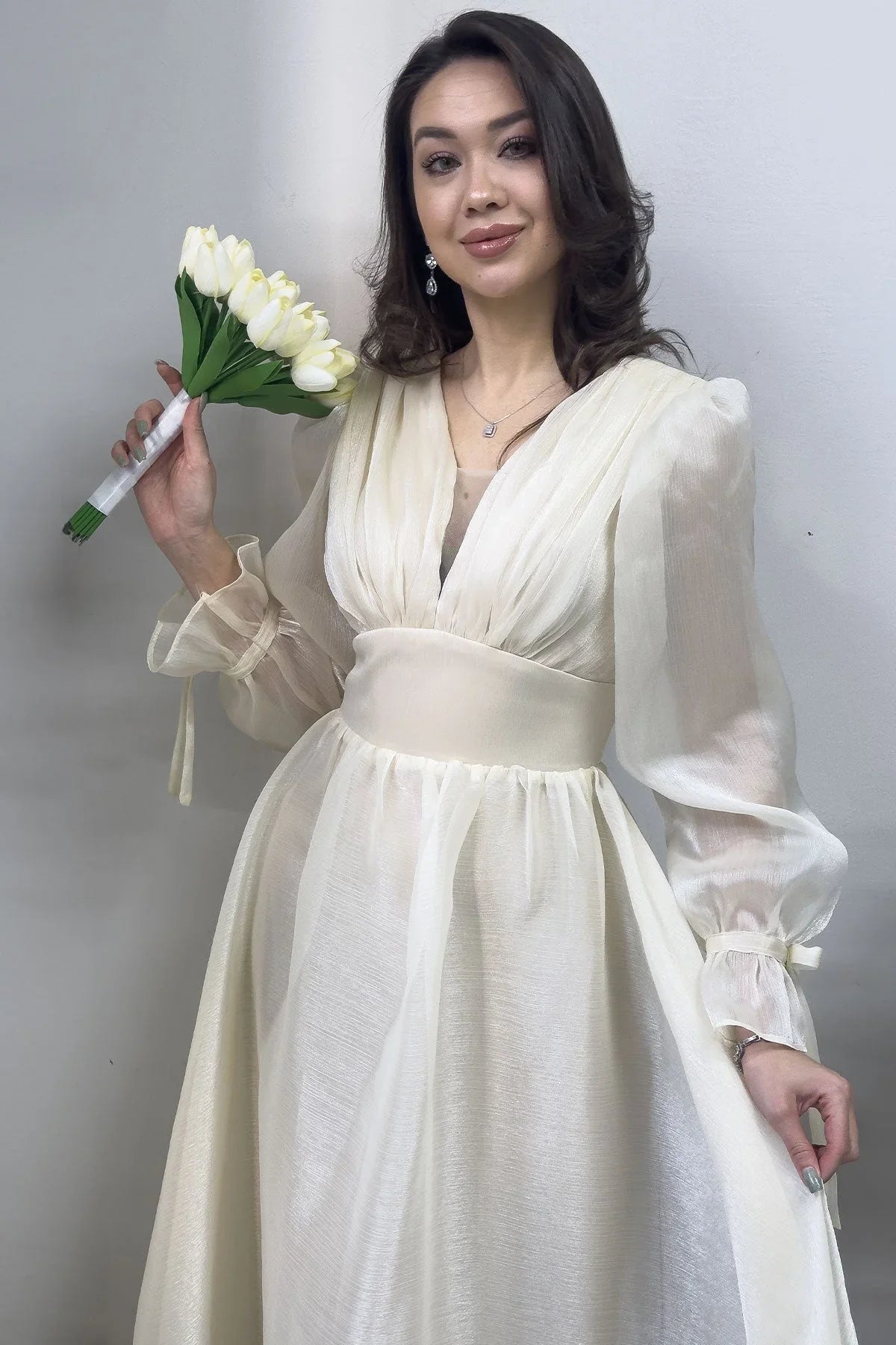 Women's Asymmetric Skirt Krem Karpuz Sleeve Prenses V-Neck Evening Gown - the ZKS