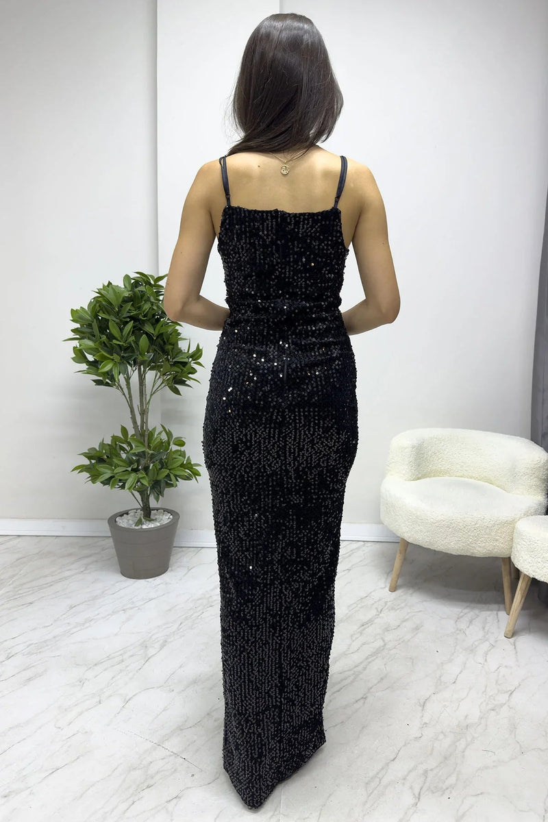 Women's Black Ayarlanabilir Strap Sequin Tasarım Slit Plus Size Evening Gown