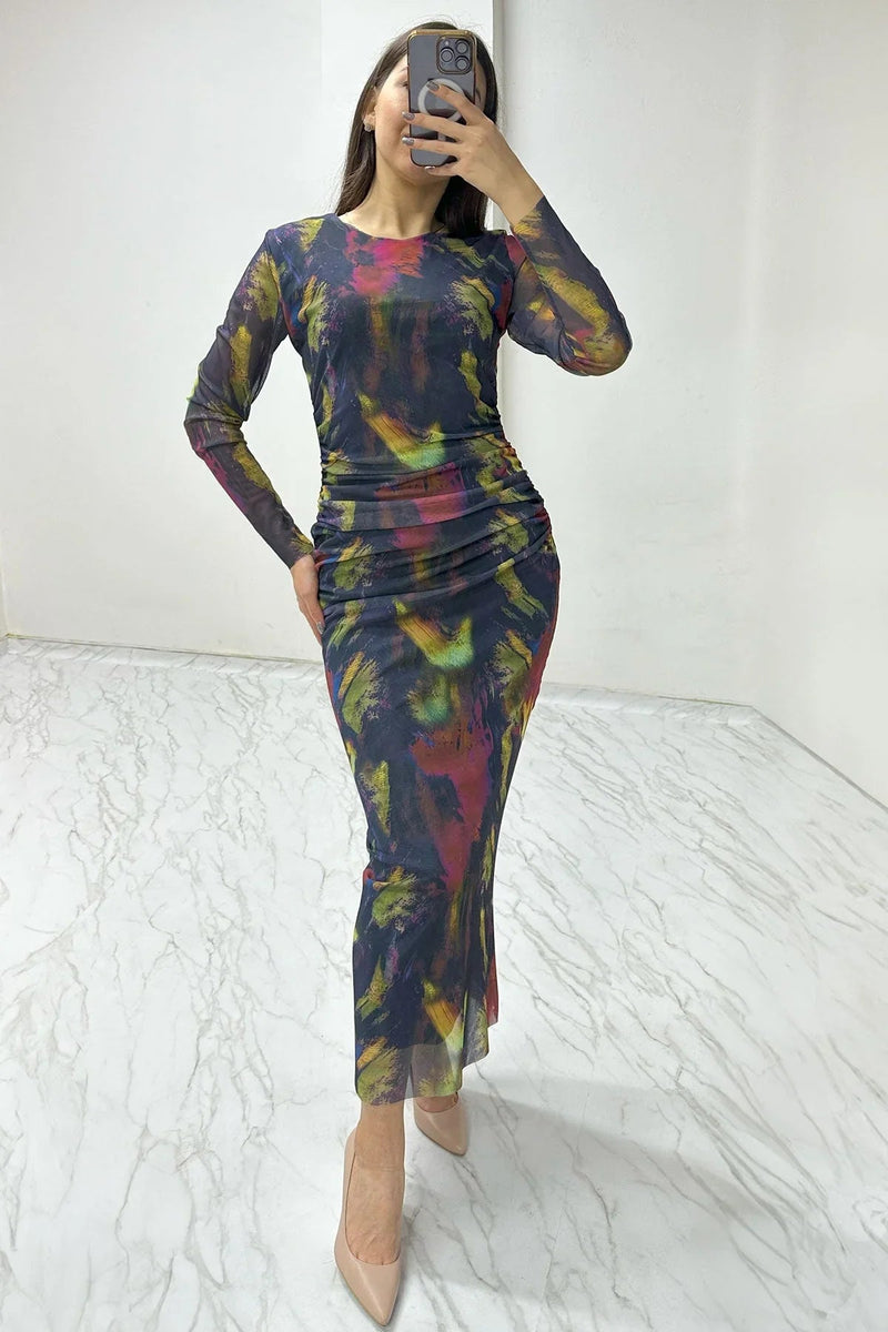 Women's Batik Bisiklet Neck Stretch Tulle Dress