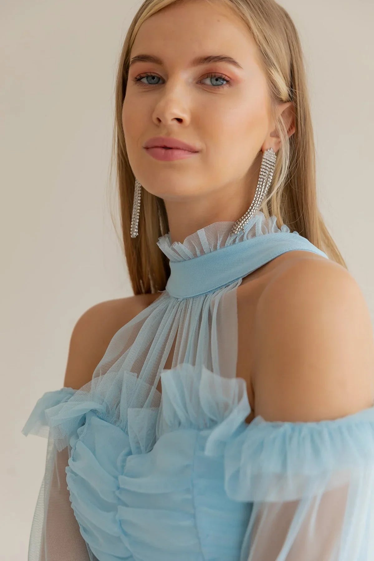 Women's Baby Bluesi Tulle Draped Plus Size Evening Gown