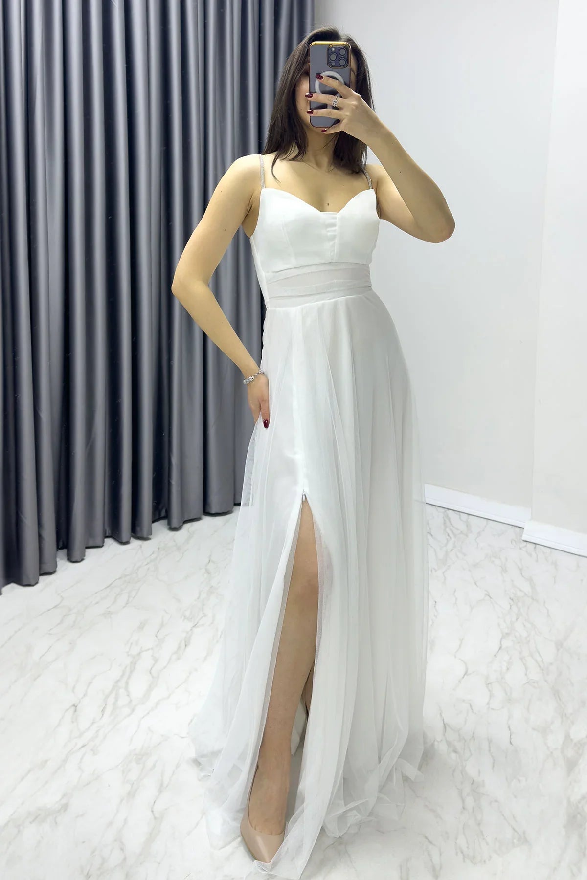 Women's White Taş Strap Ayarlanabilir Slit Plus Size Evening Gown