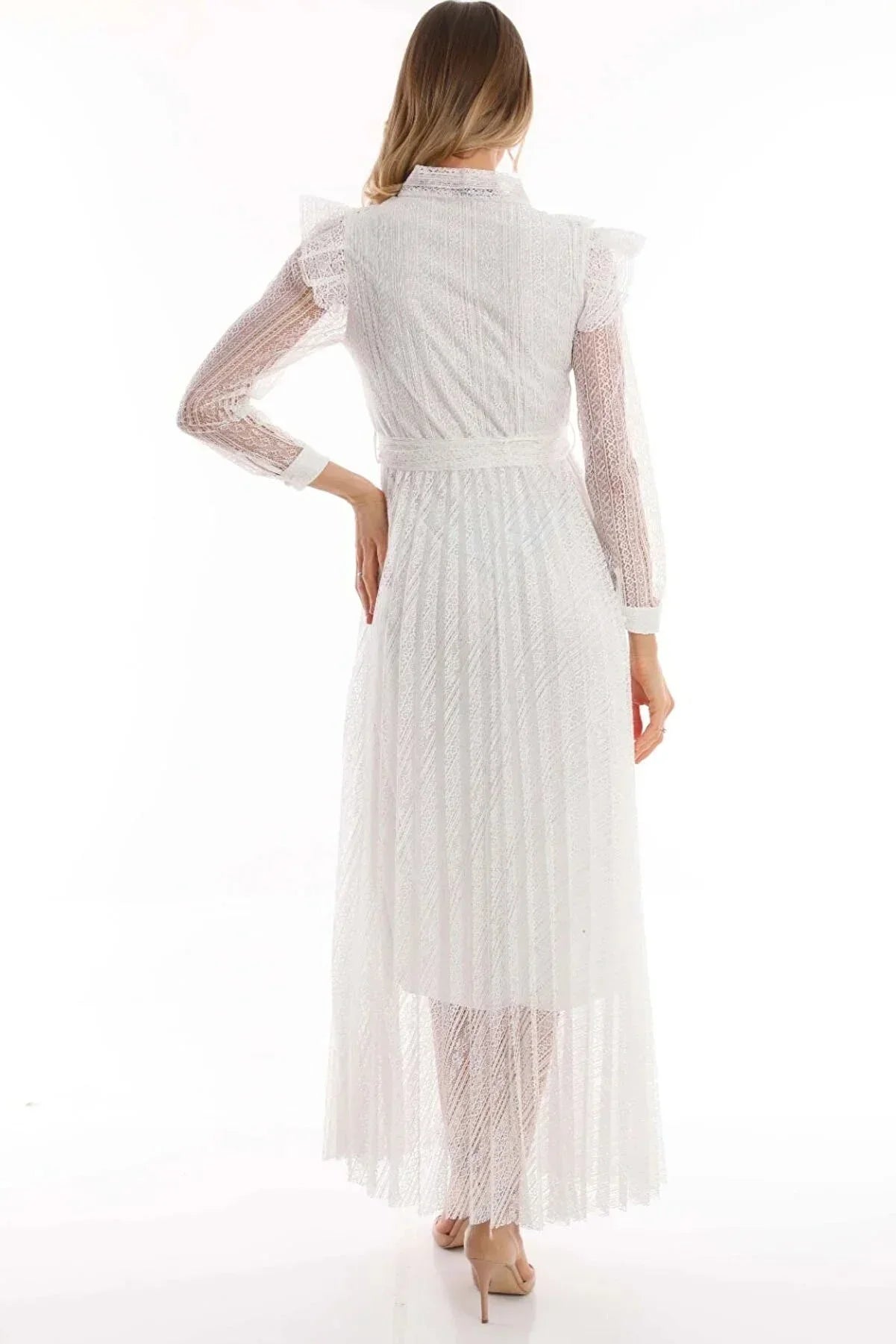 Women's White Halter Tie Fiyonk Detail Leather Belted Güpür Plus Size Evening Gown