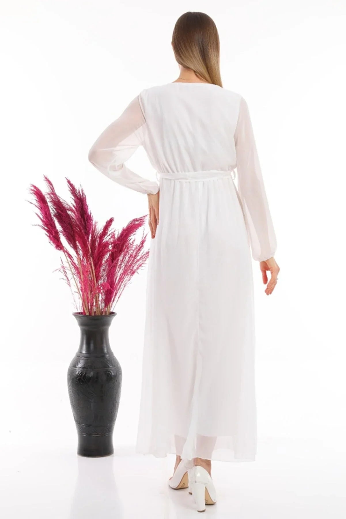 Women's White Wrap Neck Belted Plus Size Chiffon Maxi Dress