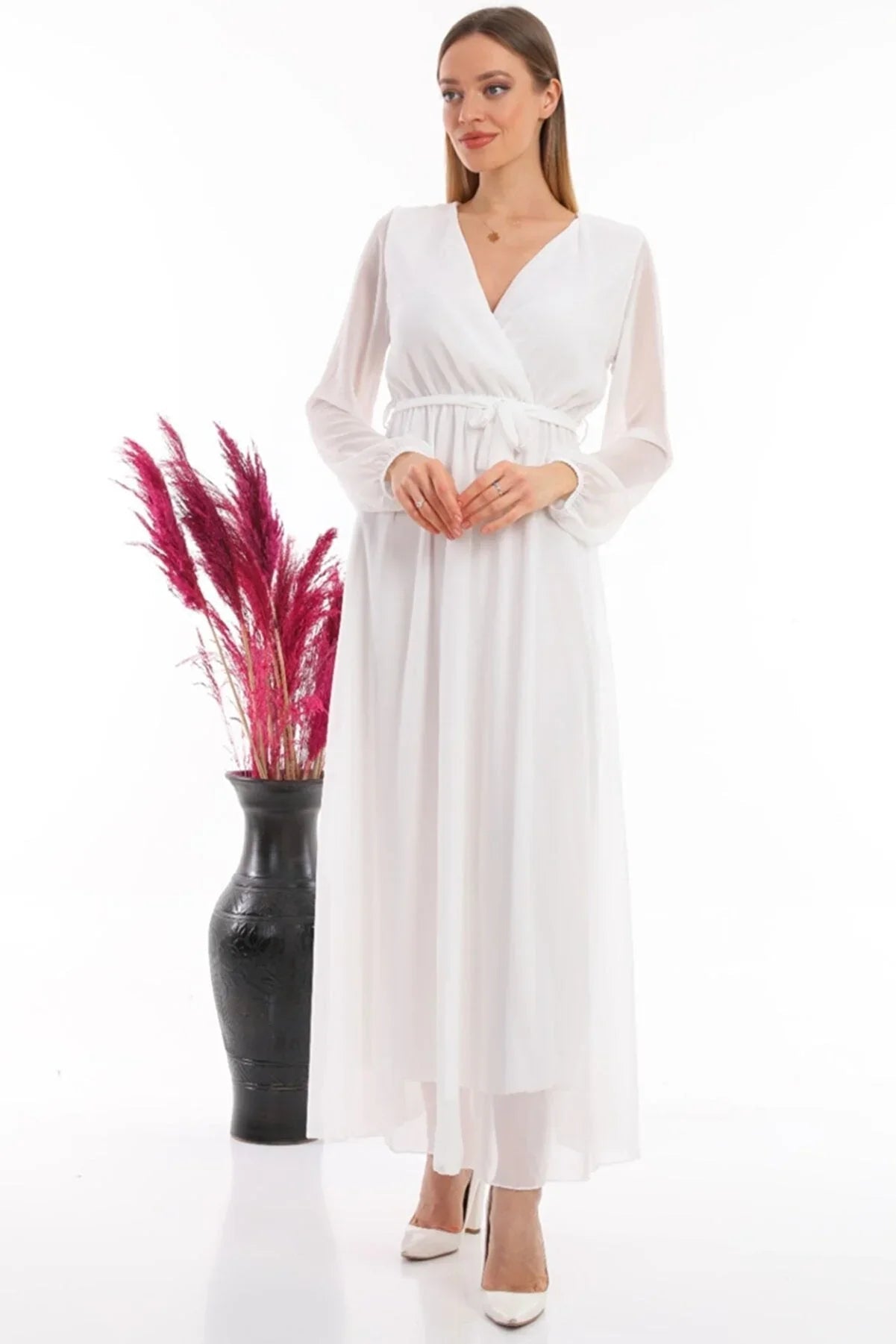 Women's White Wrap Neck Belted Plus Size Chiffon Maxi Dress