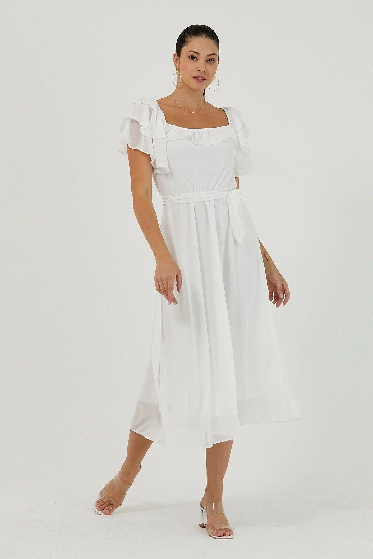 Women's White Ruffled Madonna Collar Plus Size Chiffon Dress
