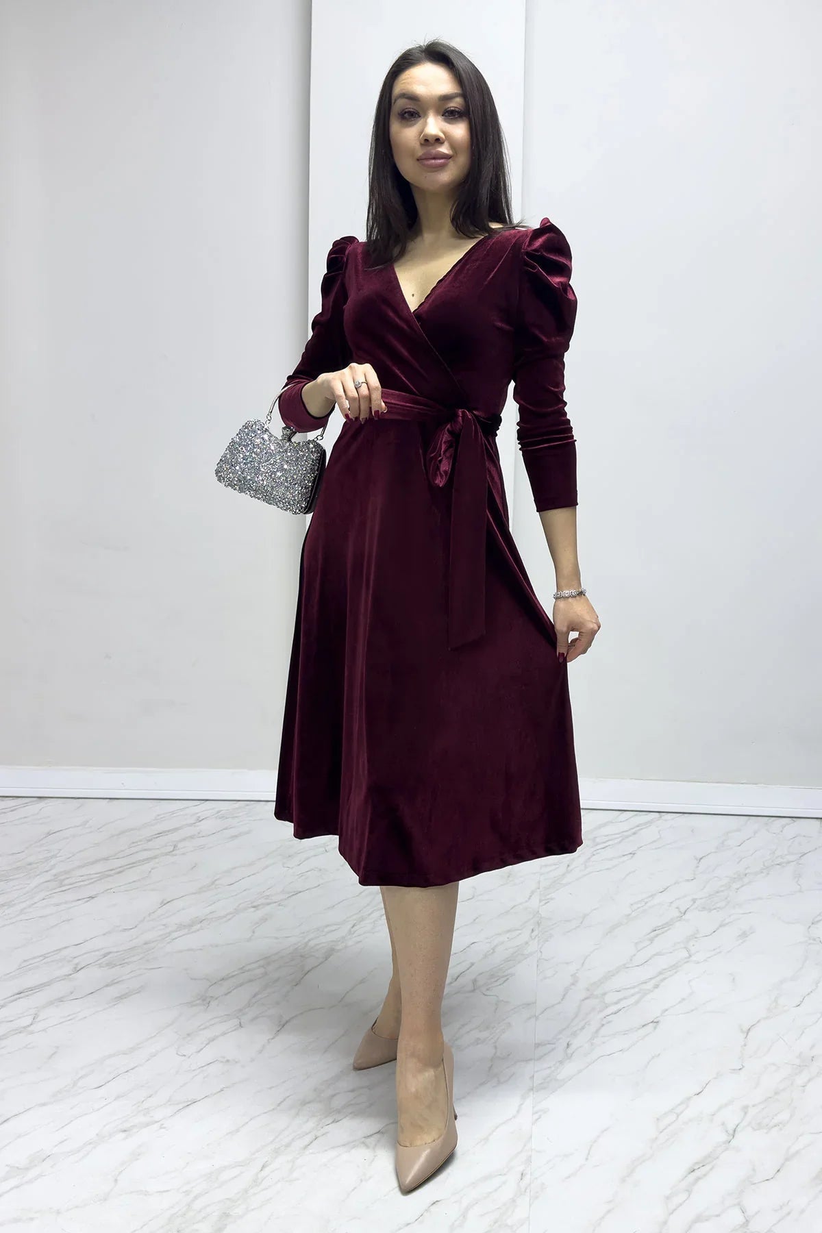 Women's Burgundy Karpuz Sleeve Wrap Velvet Belted Plus Size Dress