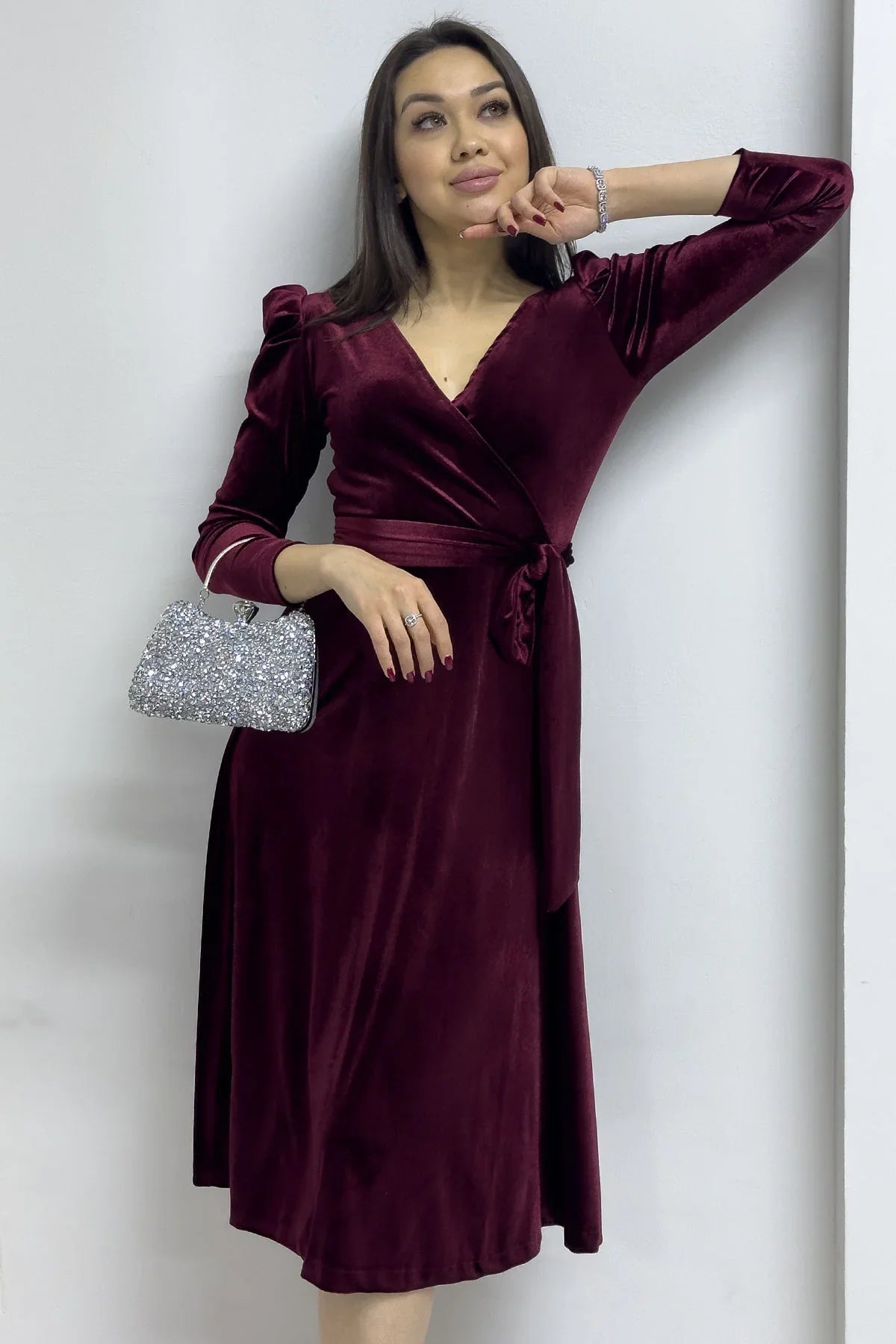 Women's Burgundy Karpuz Sleeve Wrap Velvet Belted Plus Size Dress