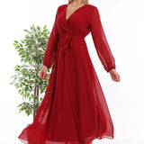 Burgundy Cross-Over Neck Midi Length Chiffon Dress