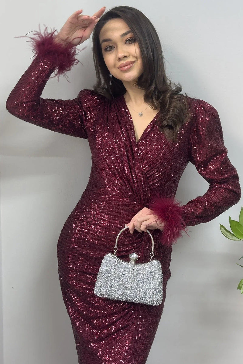 Women's Burgundy Wrap Neck Otriş Detail Sequin Slit Mermaid Evening Gown - the ZKS