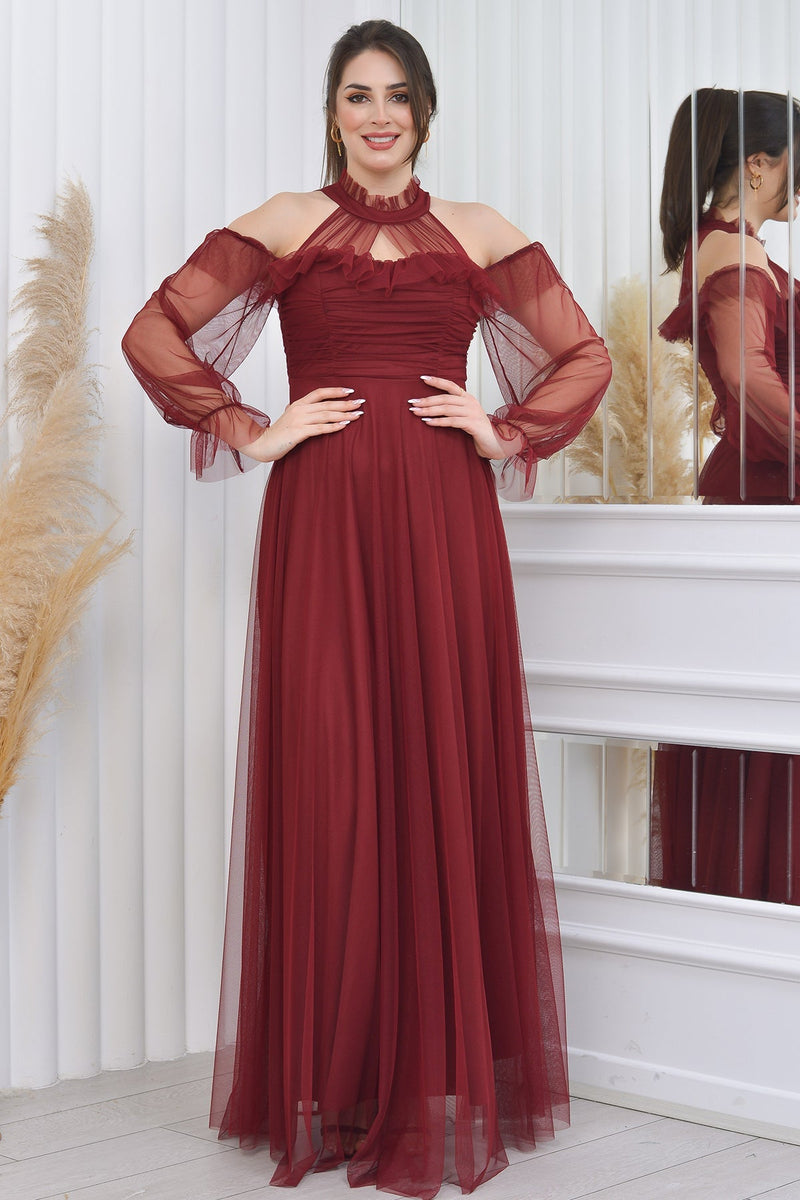 Women's Burgundy Tulle Draped Plus Size Evening Gown