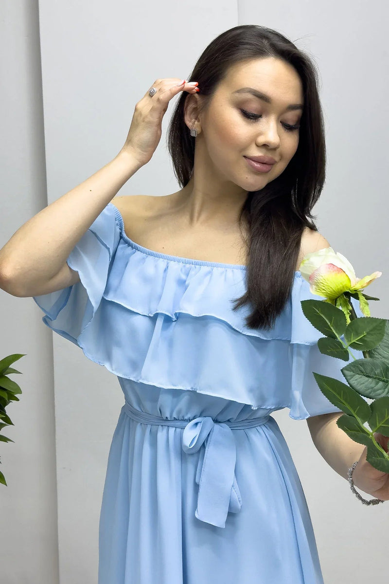 Women's Baby Bluesi Madonna Carmen Ruffle Neck Plus Size Chiffon Dress