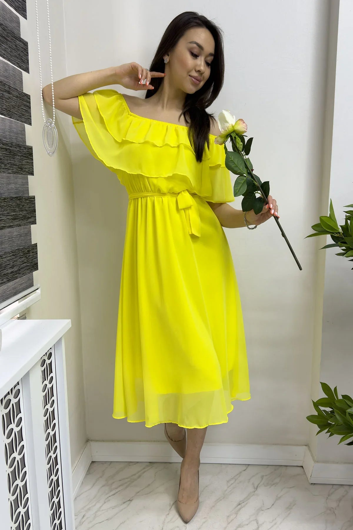 Women's Yellow Madonna Carmen Ruffle Neck Plus Size Chiffon Dress
