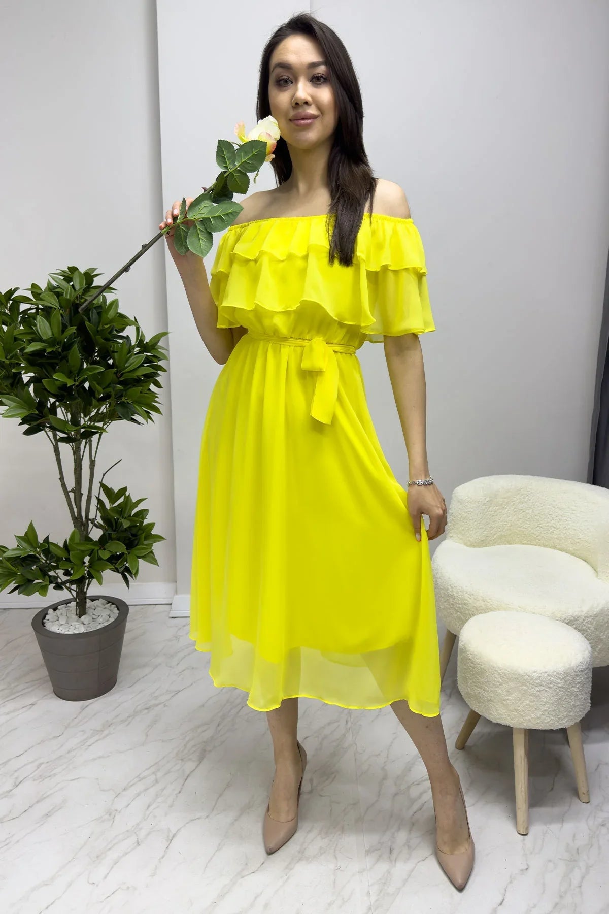 Women's Yellow Madonna Carmen Ruffle Neck Plus Size Chiffon Dress
