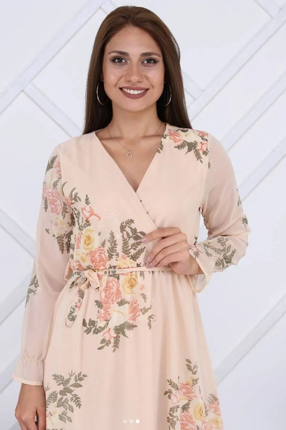 Women's Ecru Floral Wrap Neck Chiffon Plus Size Dress